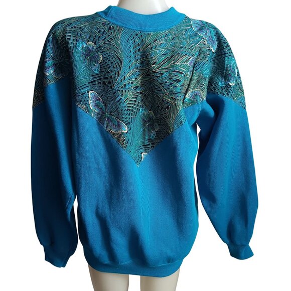 Vintage Hanes Activewear Teal Butterfly Print Sweatshirt Large 1990's Granny - Picture 5 of 7